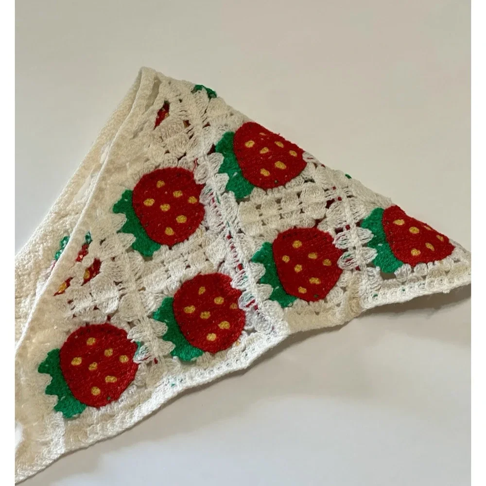 Handmade Crochet Strawberry Bandana Hair Scarf Cottagecore Vintage Head Kerchief